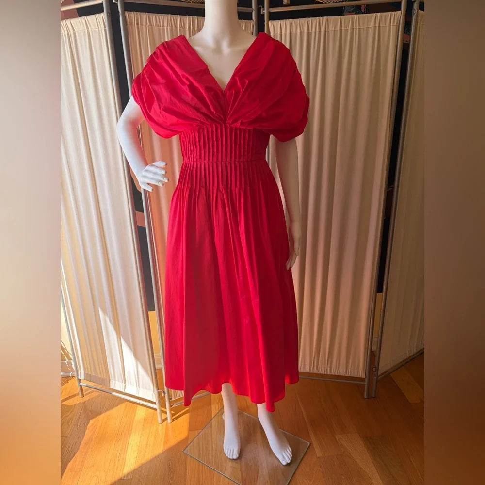 Jason Wu Off the Shoulder Pintucked Red Midi Dress - Picture 3 of 12